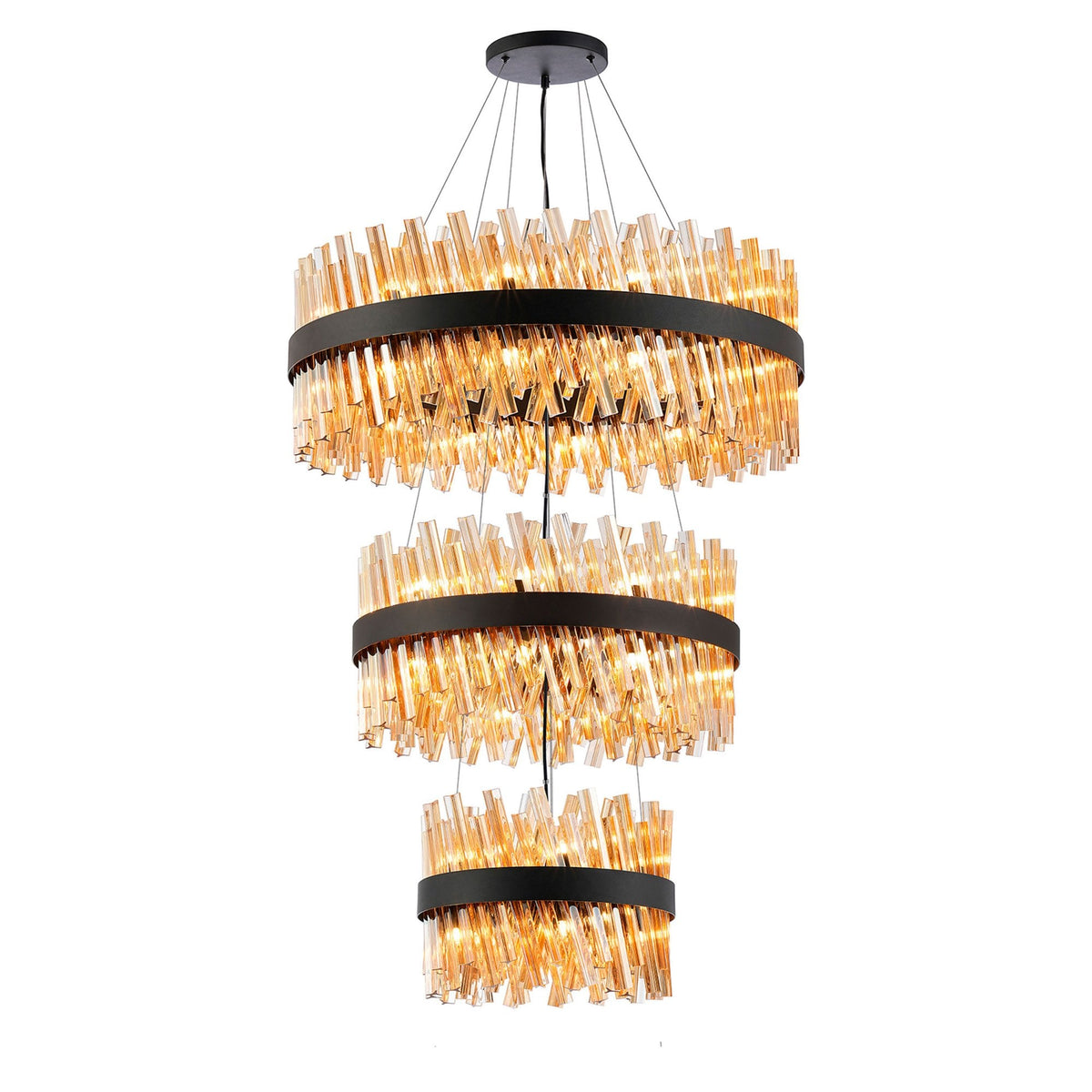 Kelly Three Tier Pendant 40cm, 60cm & 80cm Tiers in Satin Black & Amber Glass