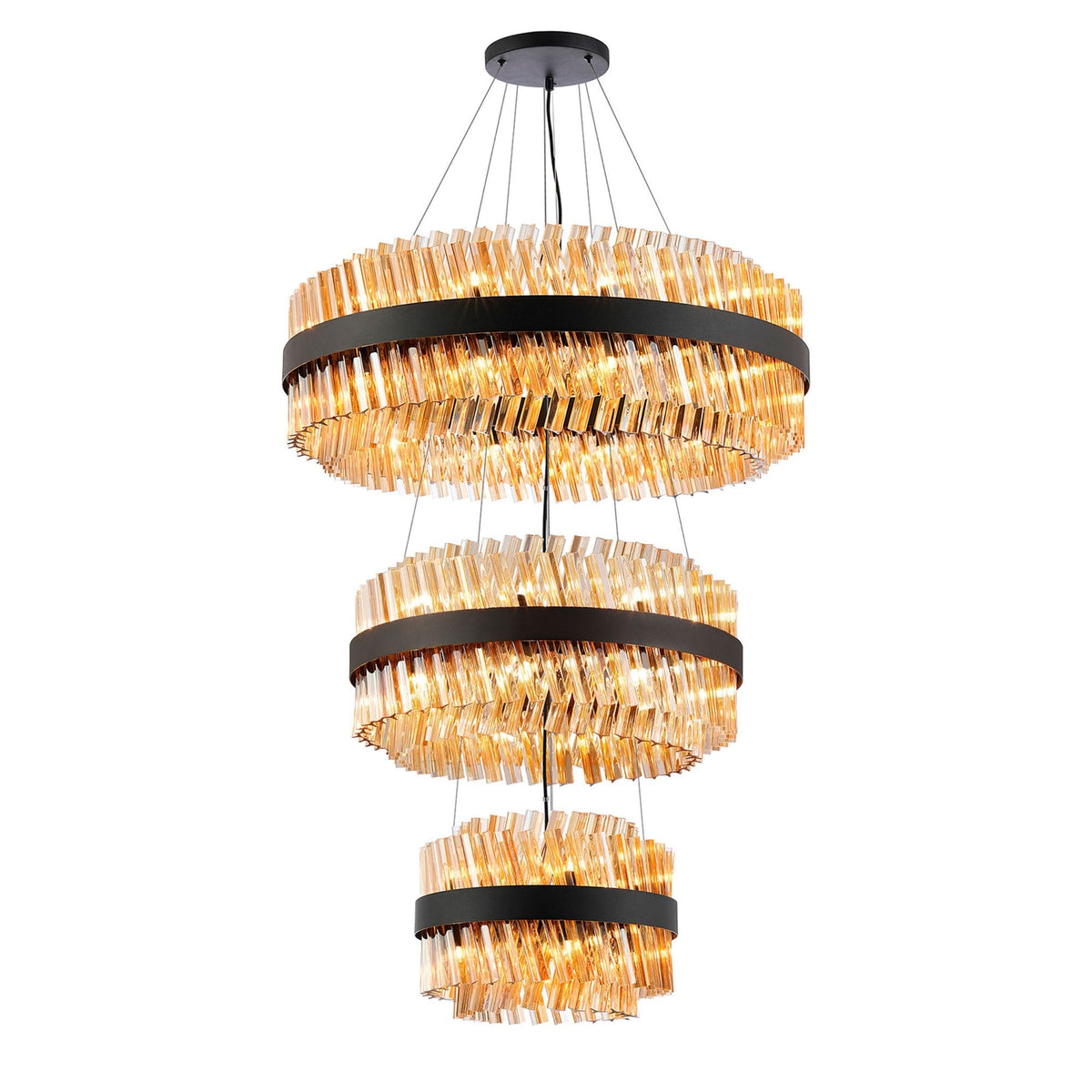Kelly Three Tier Pendant 40cm, 60cm & 80cm Tiers in Satin Black & Amber Glass