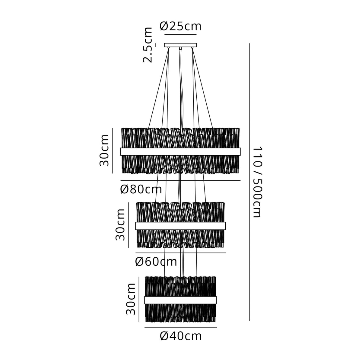 A technical diagram detailing the dimensions of a three-tiered chandelier in black and white.