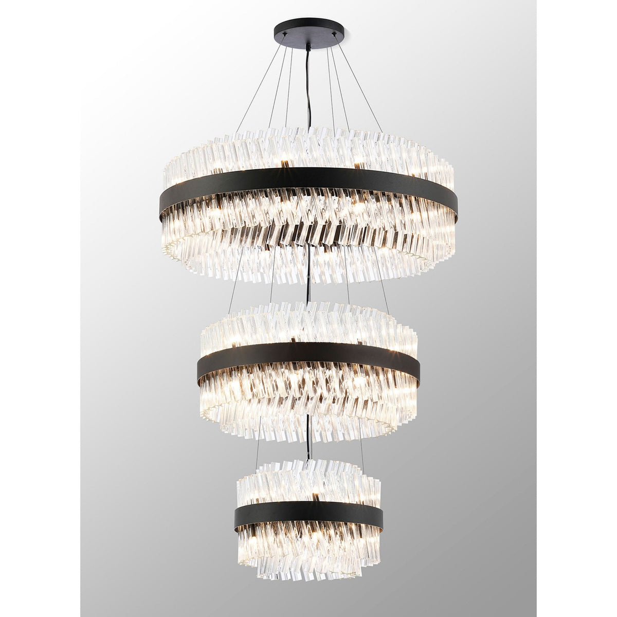 Kelly Three Tier Pendant 40cm, 60cm & 80cm Tiers in Satin Black & Clear Glass