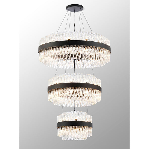 Kelly Three Tier Pendant 40cm, 60cm & 80cm Tiers in Satin Black & Clear Glass