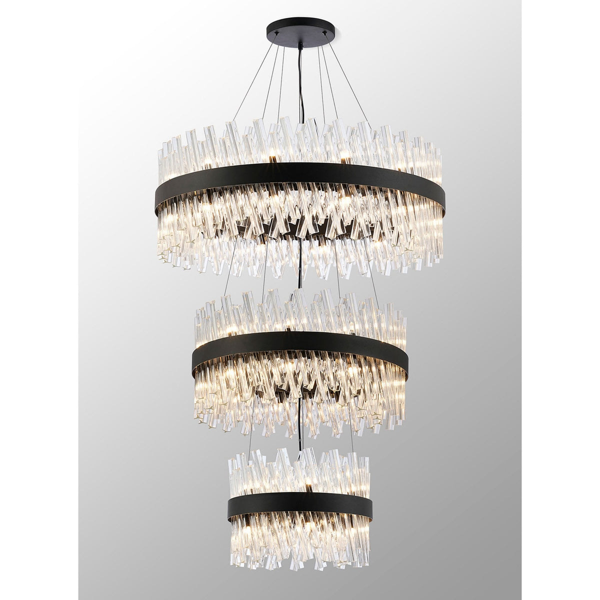 Kelly Three Tier Pendant 40cm, 60cm & 80cm Tiers in Satin Black & Clear Glass