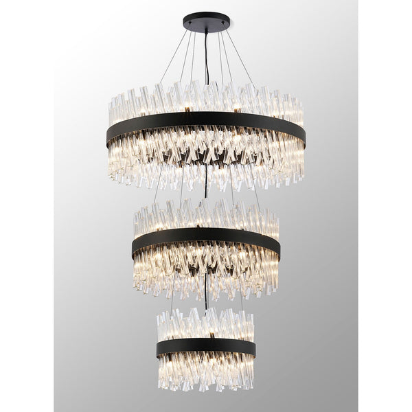 Kelly Three Tier Pendant 40cm, 60cm & 80cm Tiers in Satin Black & Clear Glass