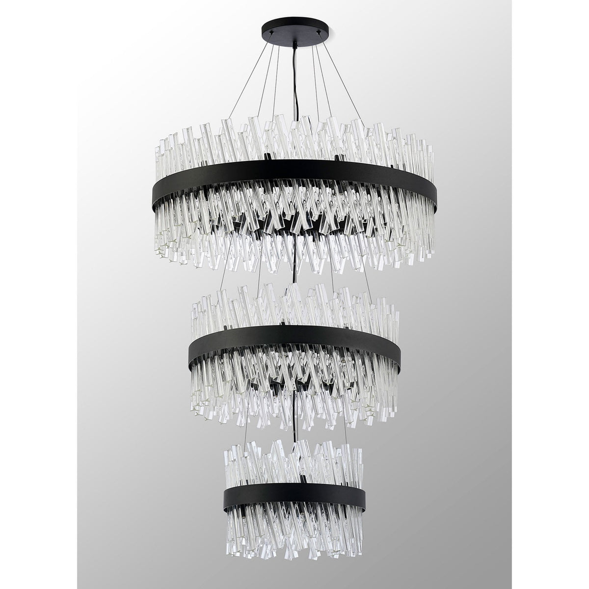 Kelly Three Tier Pendant 40cm, 60cm & 80cm Tiers in Satin Black & Clear Glass