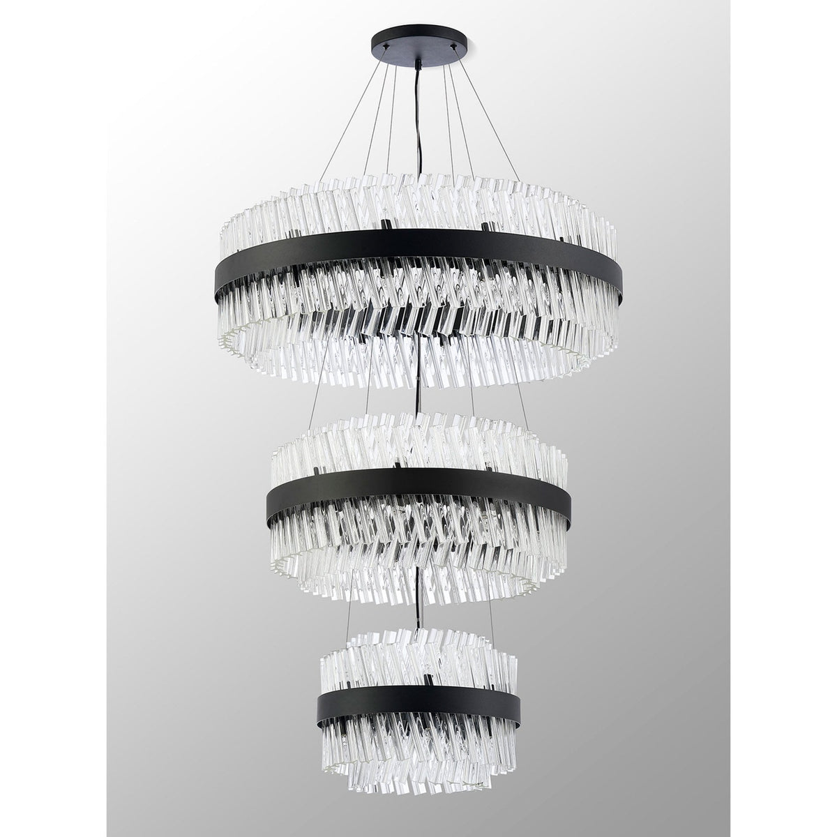 Kelly Three Tier Pendant 40cm, 60cm & 80cm Tiers in Satin Black & Clear Glass