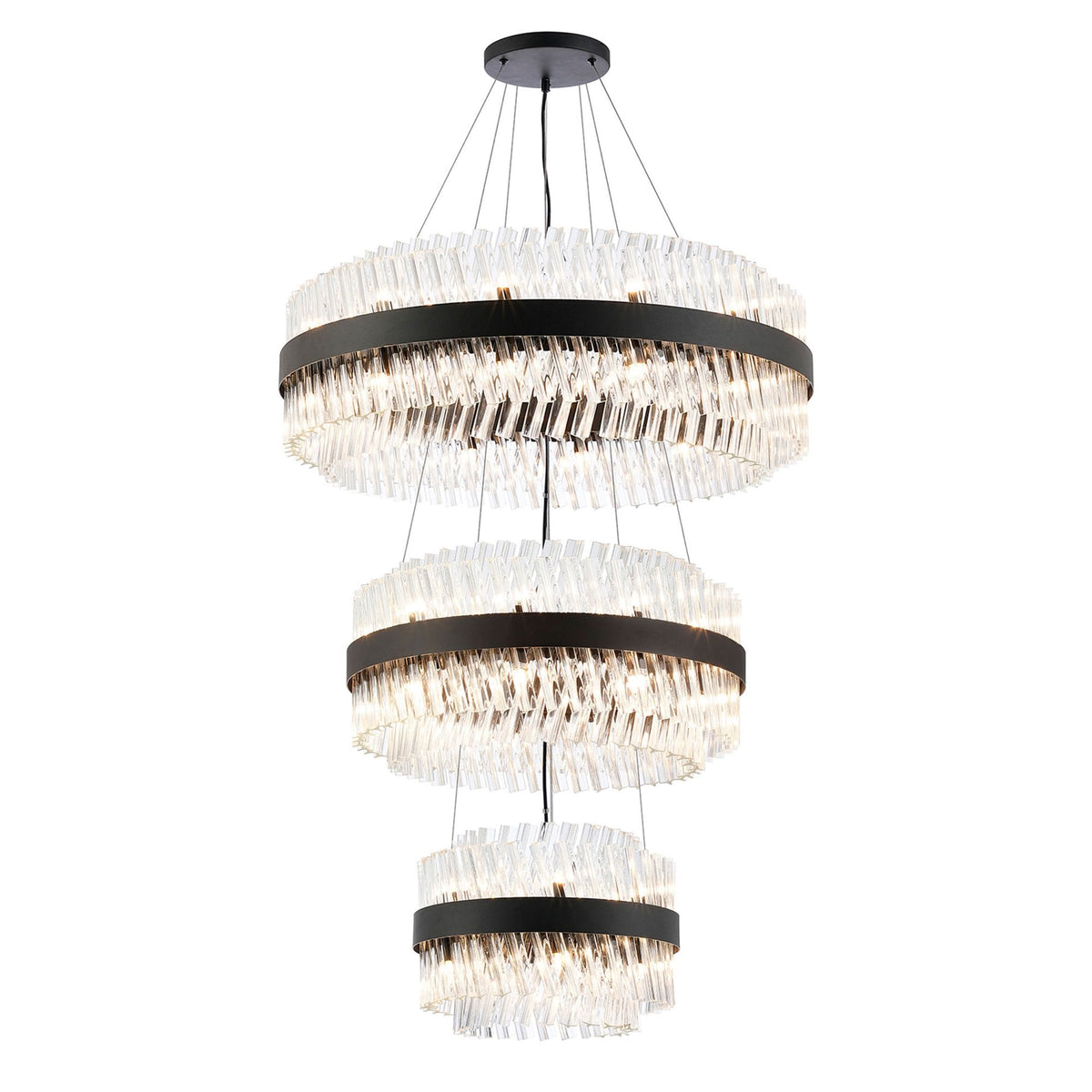 Kelly Three Tier Pendant 40cm, 60cm & 80cm Tiers in Satin Black & Clear Glass