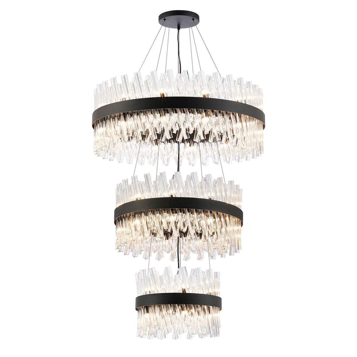Kelly Three Tier Pendant 40cm, 60cm & 80cm Tiers in Satin Black & Clear Glass