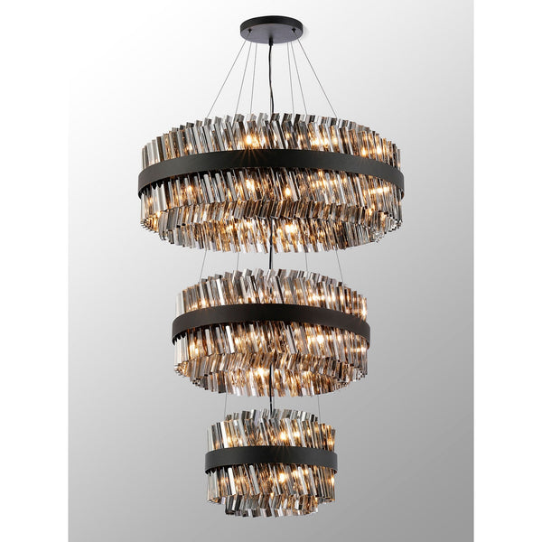 Kelly Three Tier Pendant 40cm, 60cm & 80cm Tiers in Satin Black & Smoke Glass