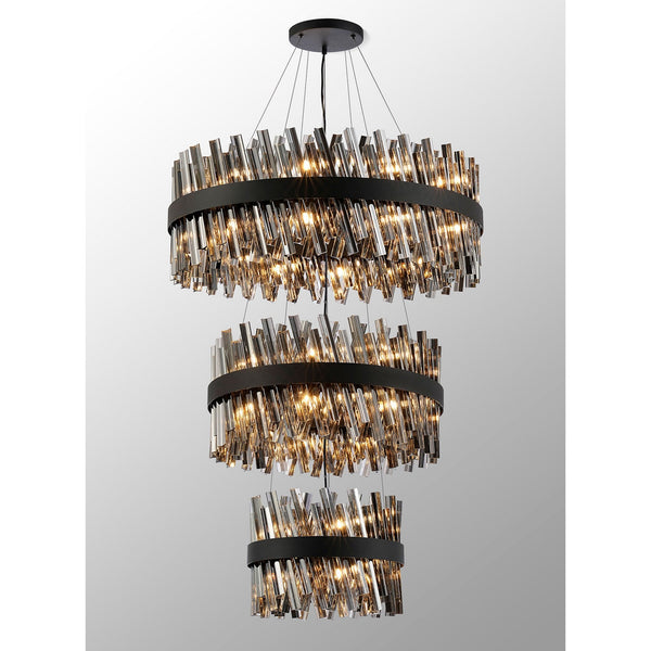 Kelly Three Tier Pendant 40cm, 60cm & 80cm Tiers in Satin Black & Smoke Glass