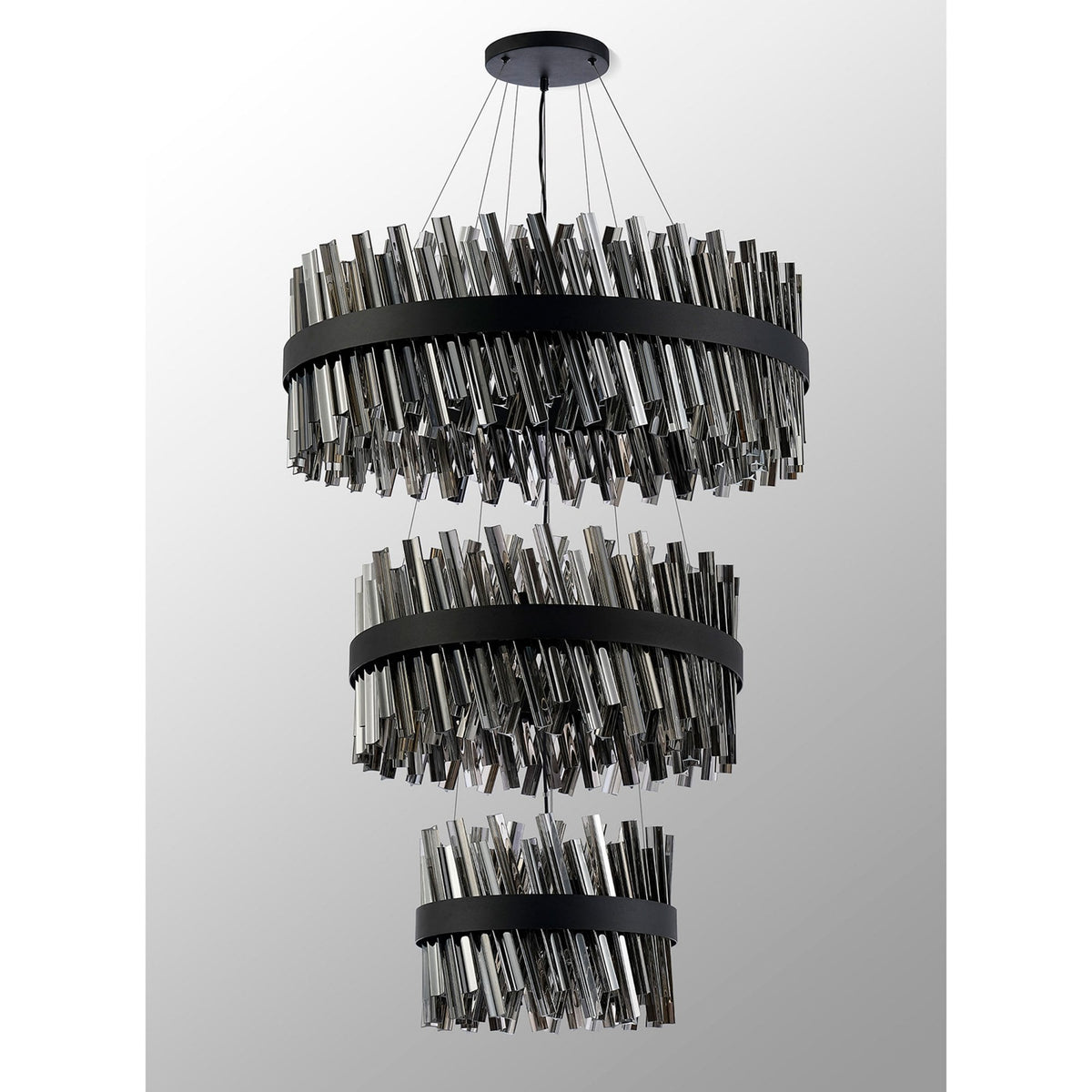 Kelly Three Tier Pendant 40cm, 60cm & 80cm Tiers in Satin Black & Smoke Glass