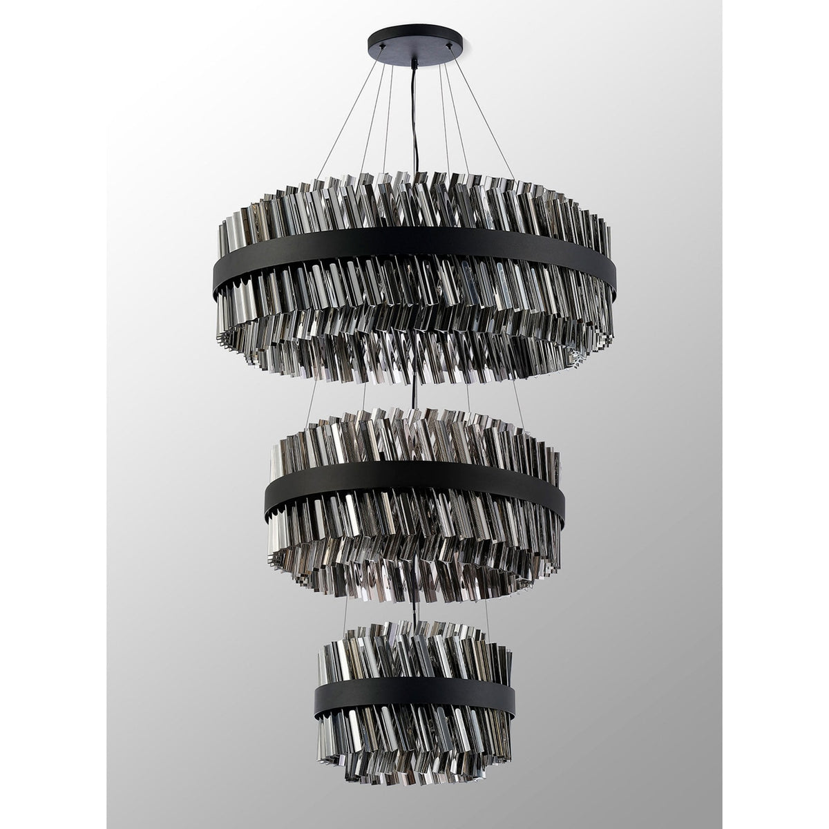 Kelly Three Tier Pendant 40cm, 60cm & 80cm Tiers in Satin Black & Smoke Glass