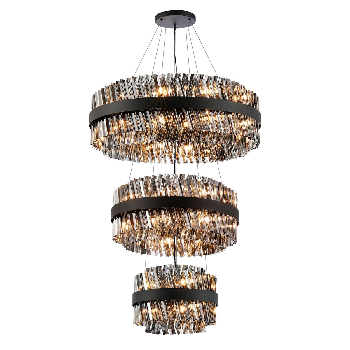 Kelly Three Tier Pendant 40cm, 60cm & 80cm Tiers in Satin Black & Smoke Glass