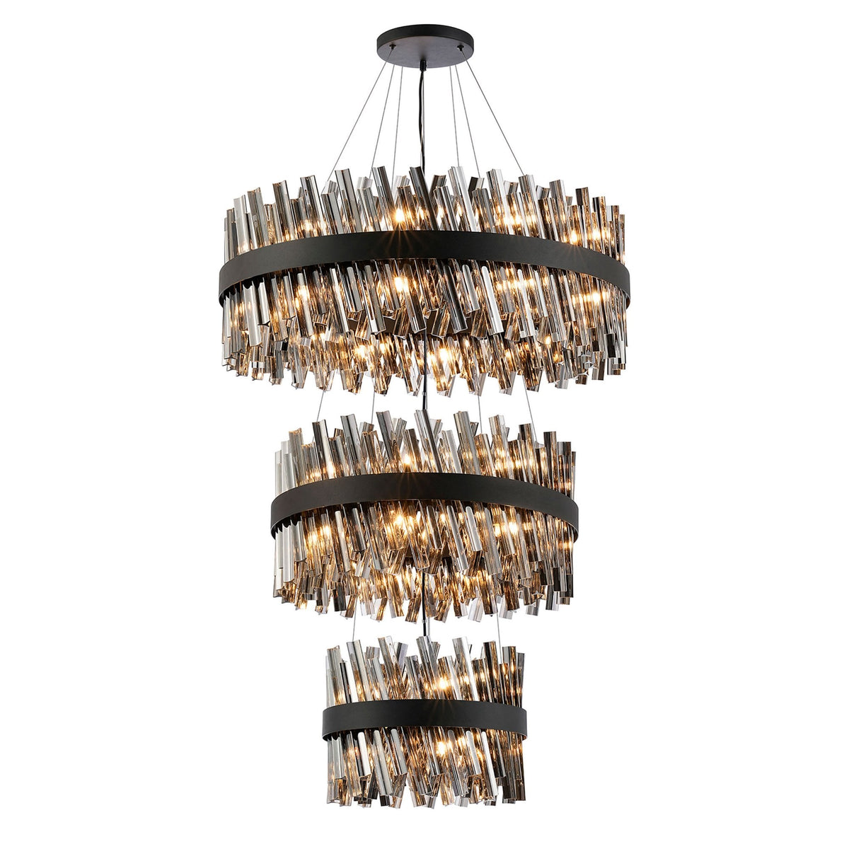 Kelly Three Tier Pendant 40cm, 60cm & 80cm Tiers in Satin Black & Smoke Glass