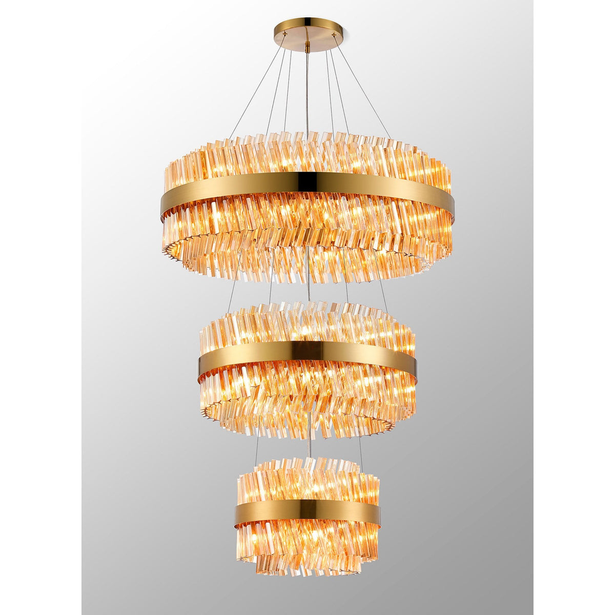 Kelly Three Tier Pendant 40cm, 60cm & 80cm Tiers in Brass & Amber Glass