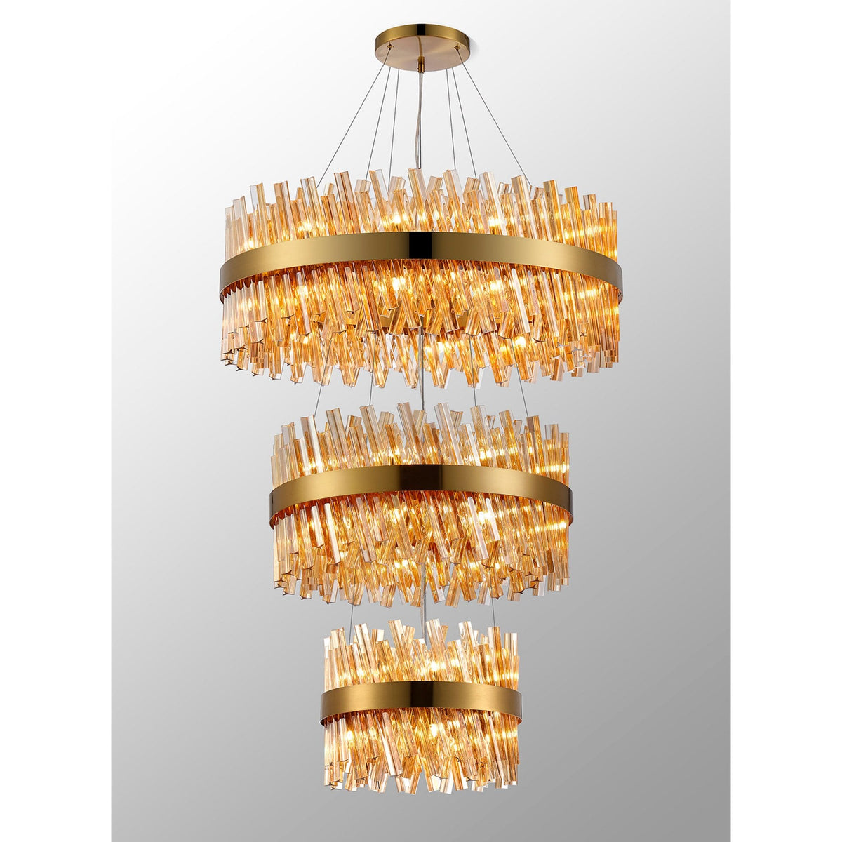Kelly Three Tier Pendant 40cm, 60cm & 80cm Tiers in Brass & Amber Glass