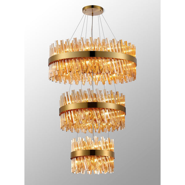 Kelly Three Tier Pendant 40cm, 60cm & 80cm Tiers in Brass & Amber Glass