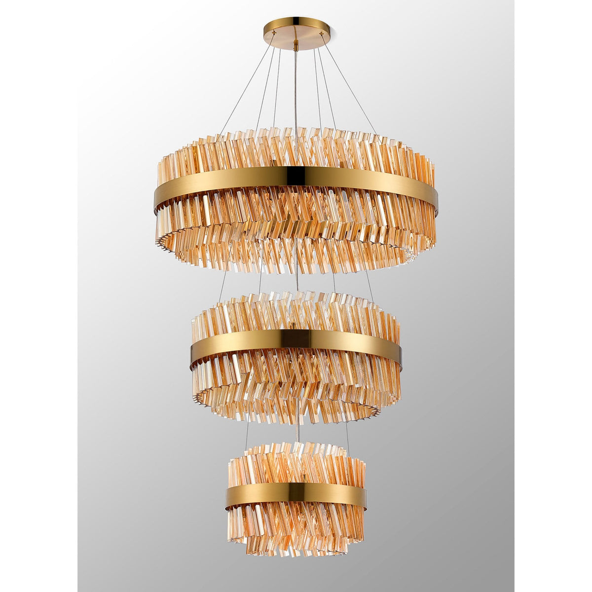 Kelly Three Tier Pendant 40cm, 60cm & 80cm Tiers in Brass & Amber Glass