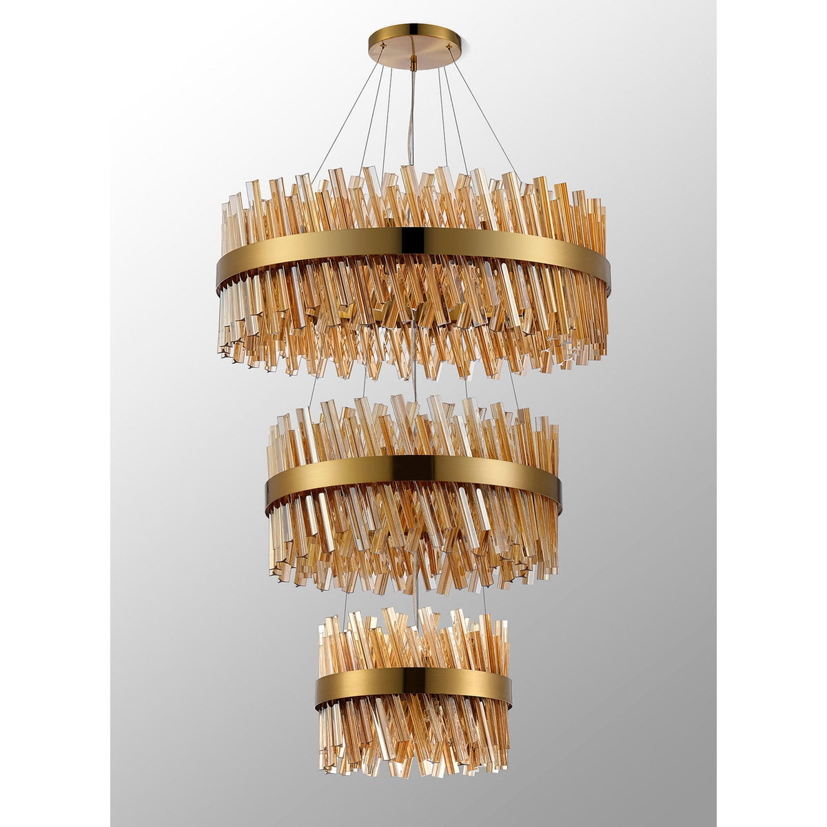 Kelly Three Tier Pendant 40cm, 60cm & 80cm Tiers in Brass & Amber Glass