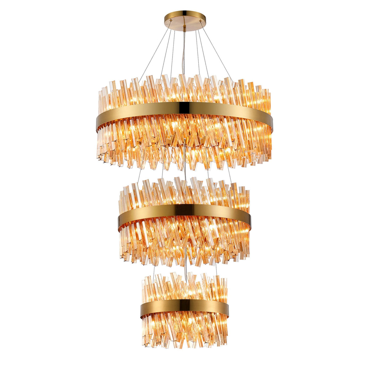 Kelly Three Tier Pendant 40cm, 60cm & 80cm Tiers in Brass & Amber Glass