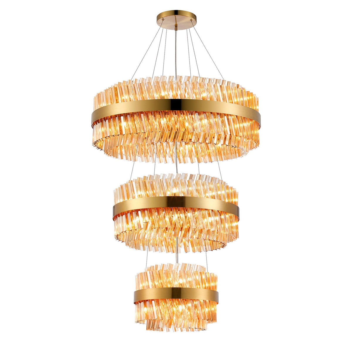 Kelly Three Tier Pendant 40cm, 60cm & 80cm Tiers in Brass & Amber Glass