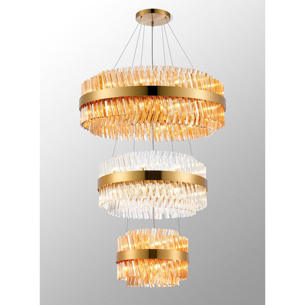 Kelly Three Tier Pendant 40cm, 60cm & 80cm Tiers in Brass with Amber & Clear Glass