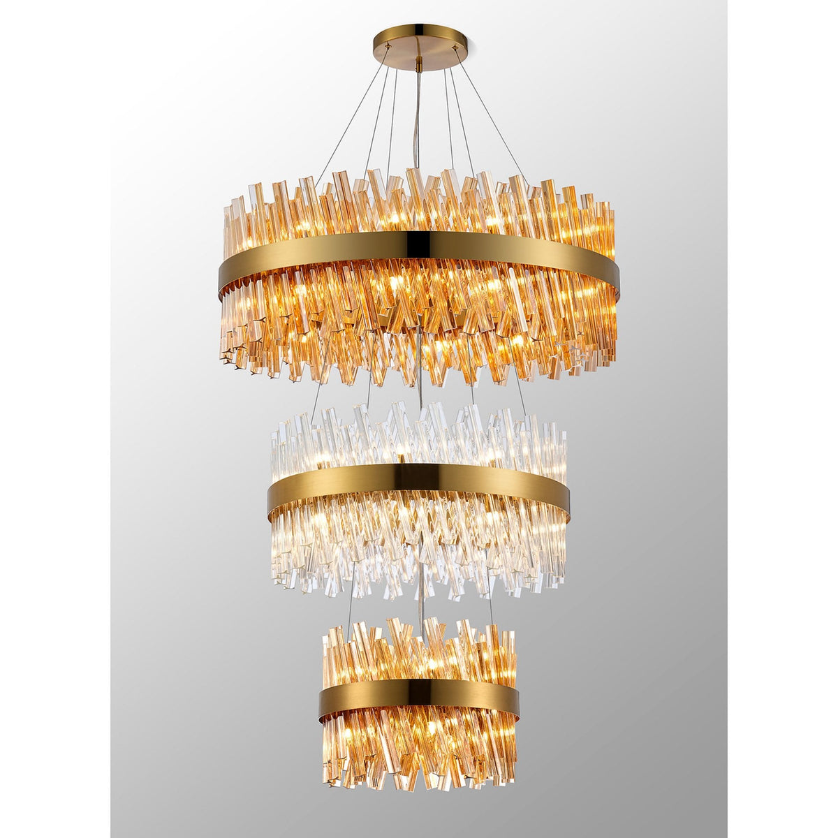 Kelly Three Tier Pendant 40cm, 60cm & 80cm Tiers in Brass with Amber & Clear Glass
