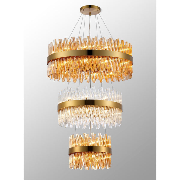 Kelly Three Tier Pendant 40cm, 60cm & 80cm Tiers in Brass with Amber & Clear Glass