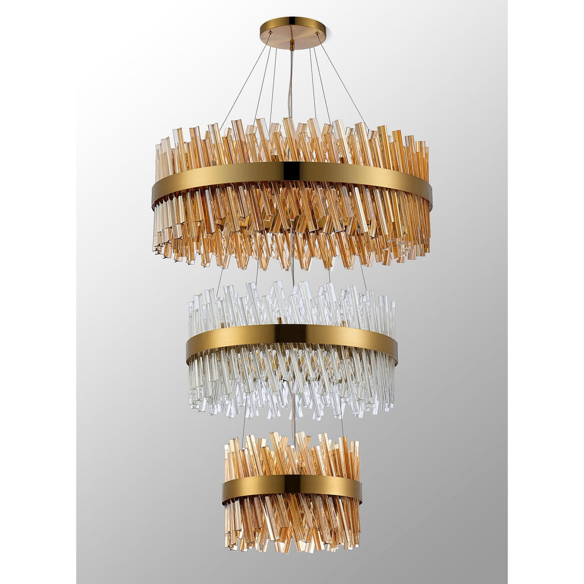 Kelly Three Tier Pendant 40cm, 60cm & 80cm Tiers in Brass with Amber & Clear Glass
