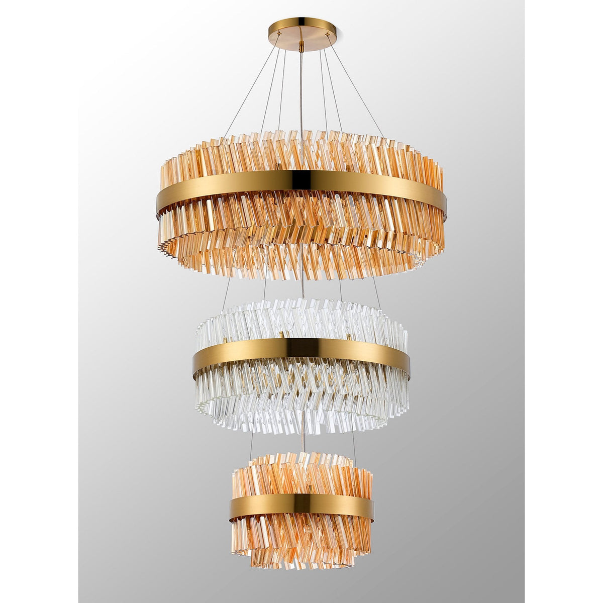 Kelly Three Tier Pendant 40cm, 60cm & 80cm Tiers in Brass with Amber & Clear Glass