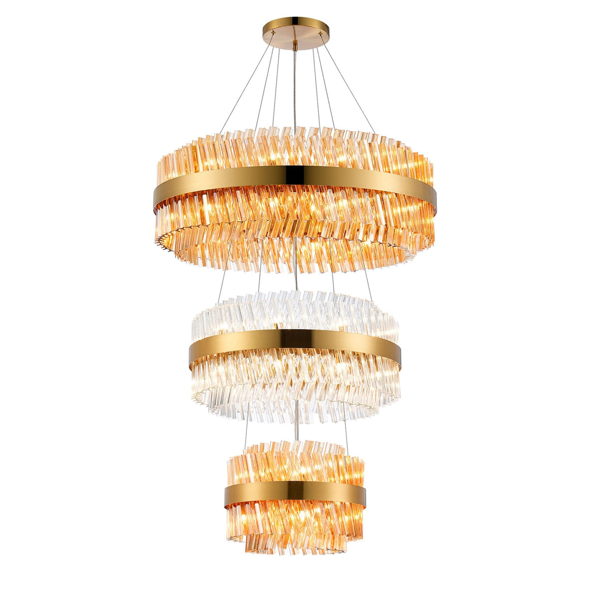 Kelly Three Tier Pendant 40cm, 60cm & 80cm Tiers in Brass with Amber & Clear Glass