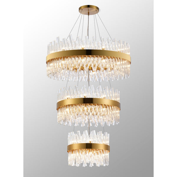 A multi-tiered gold and clear glass chandelier, showcasing individual glass rods creating texture.