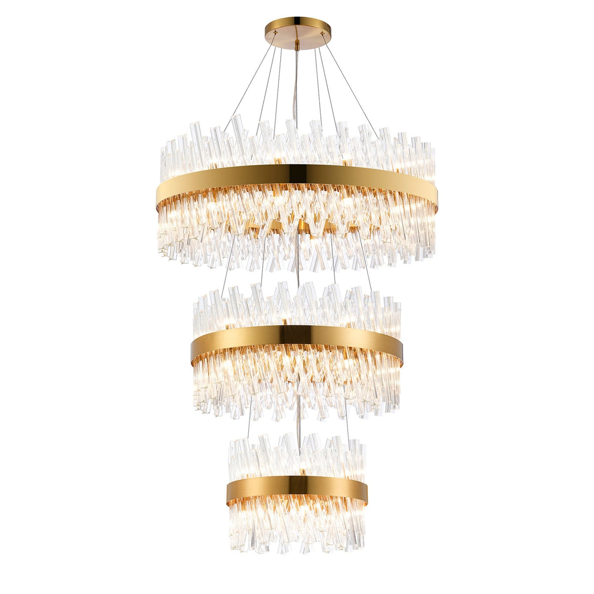 A stunning tiered chandelier with golden accents and an array of individual clear glass pieces.