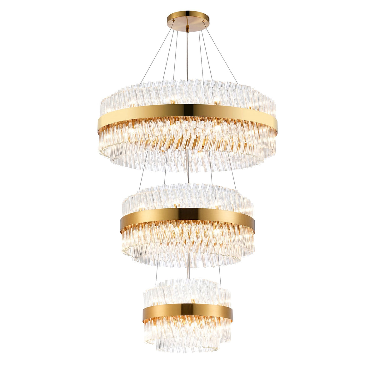 A three-tier gold and clear glass chandelier, designed with a textured, modern aesthetic.