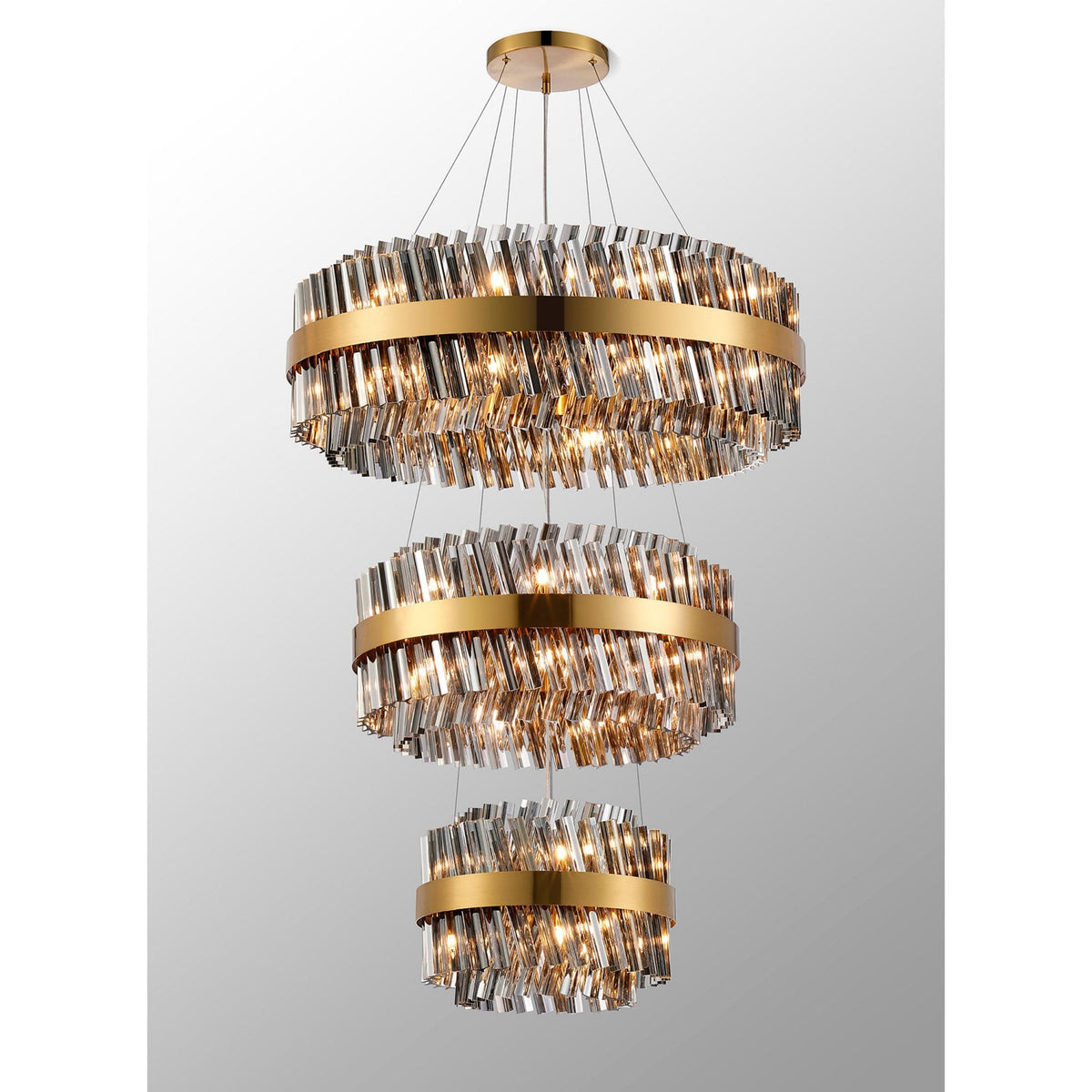 Kelly Three Tier Pendant 40cm, 60cm & 80cm Tiers in Brass & Smoke Glass