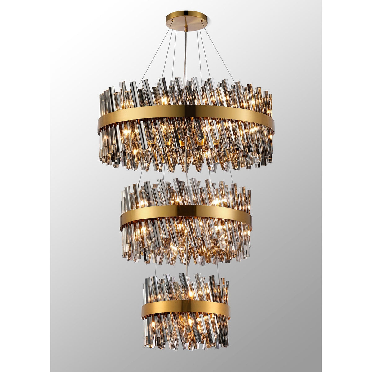 Kelly Three Tier Pendant 40cm, 60cm & 80cm Tiers in Brass & Smoke Glass