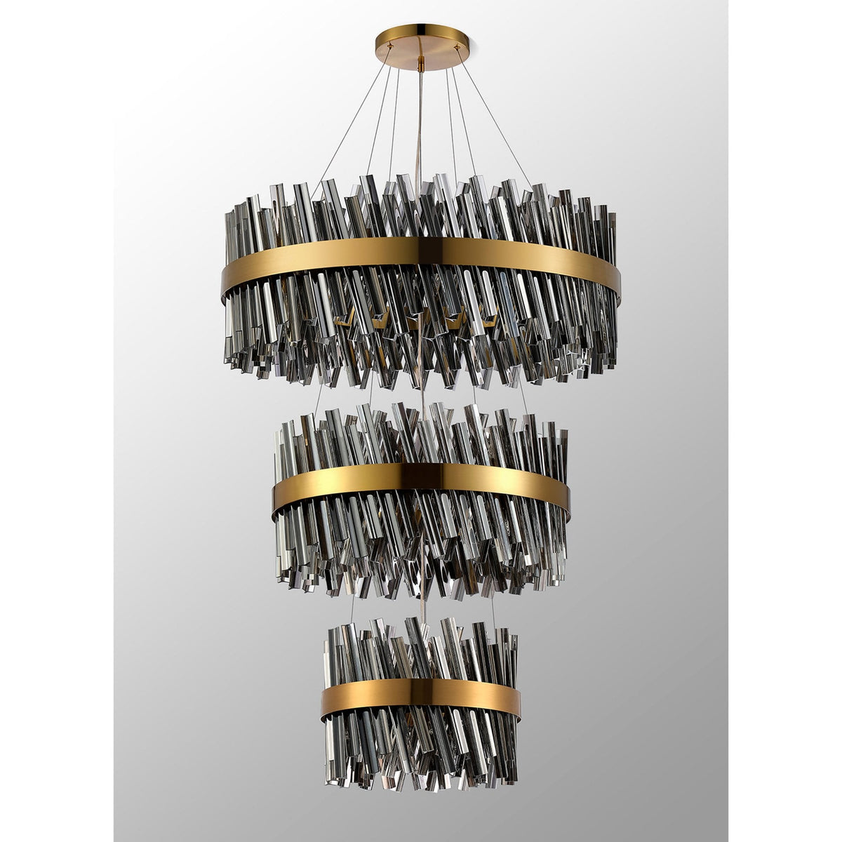 Kelly Three Tier Pendant 40cm, 60cm & 80cm Tiers in Brass & Smoke Glass