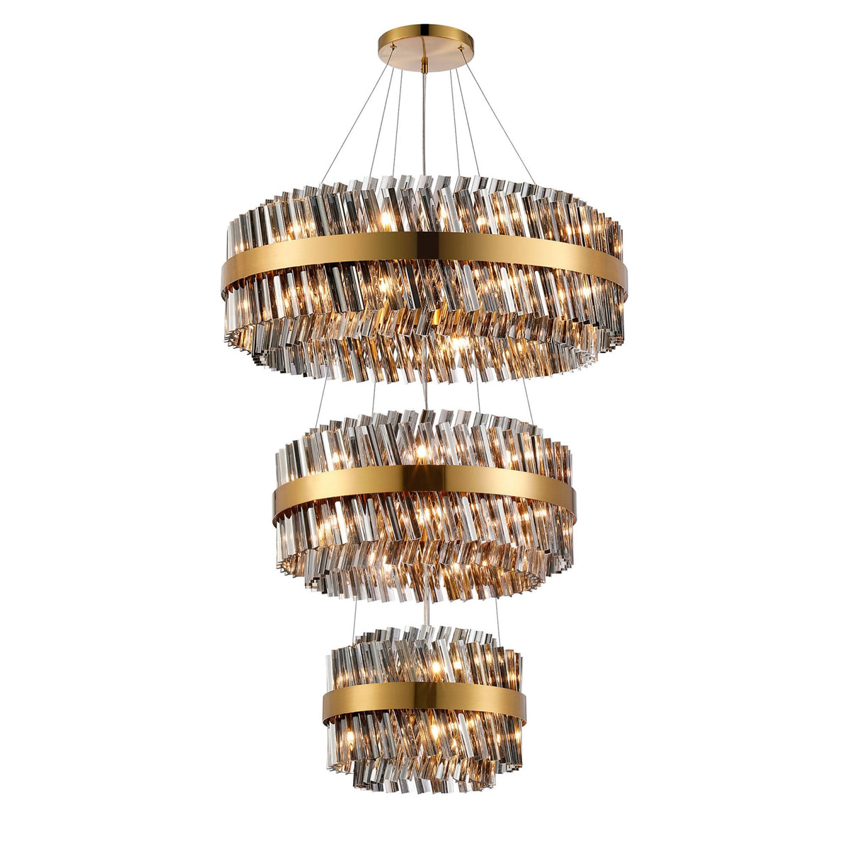 Kelly Three Tier Pendant 40cm, 60cm & 80cm Tiers in Brass & Smoke Glass