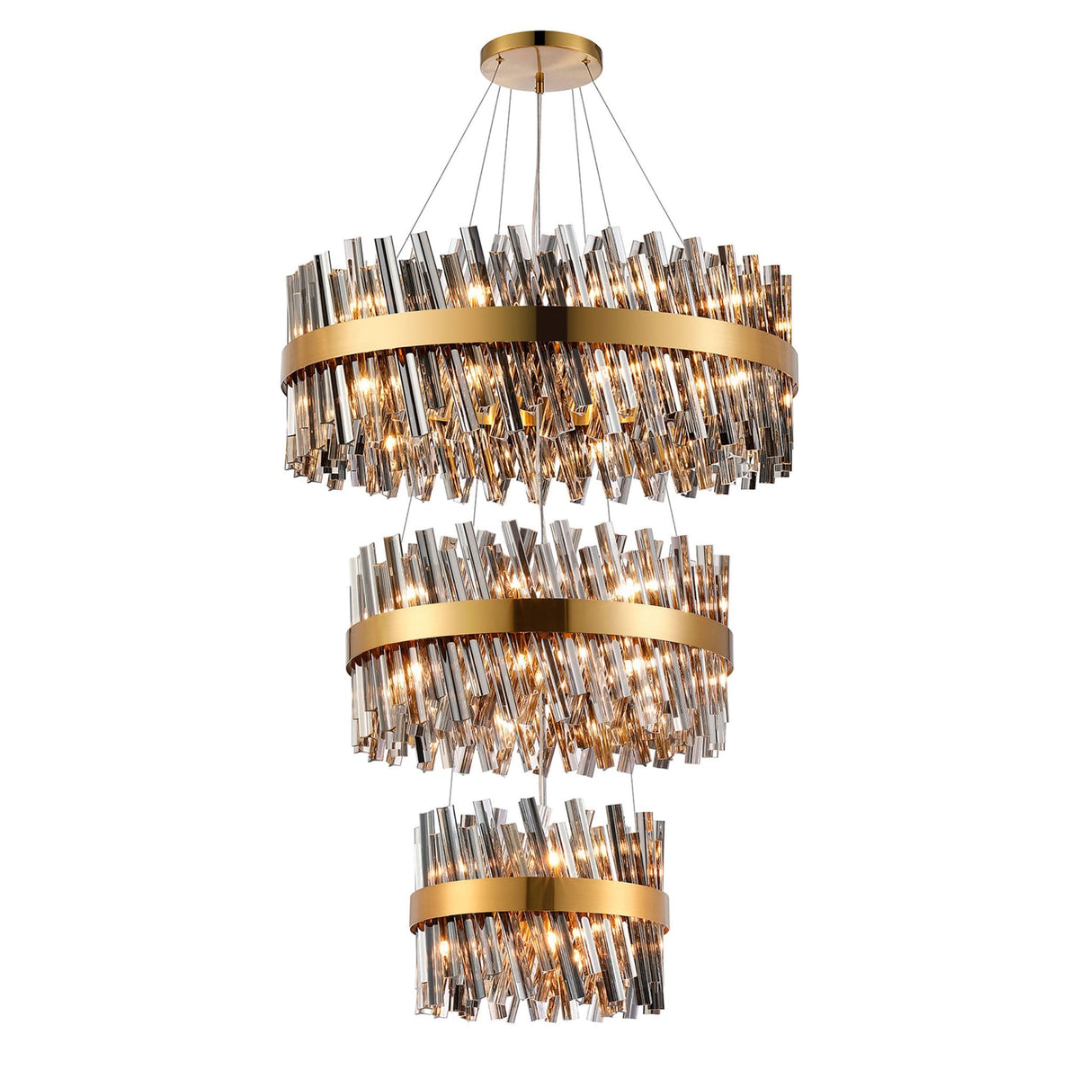 Kelly Three Tier Pendant 40cm, 60cm & 80cm Tiers in Brass & Smoke Glass