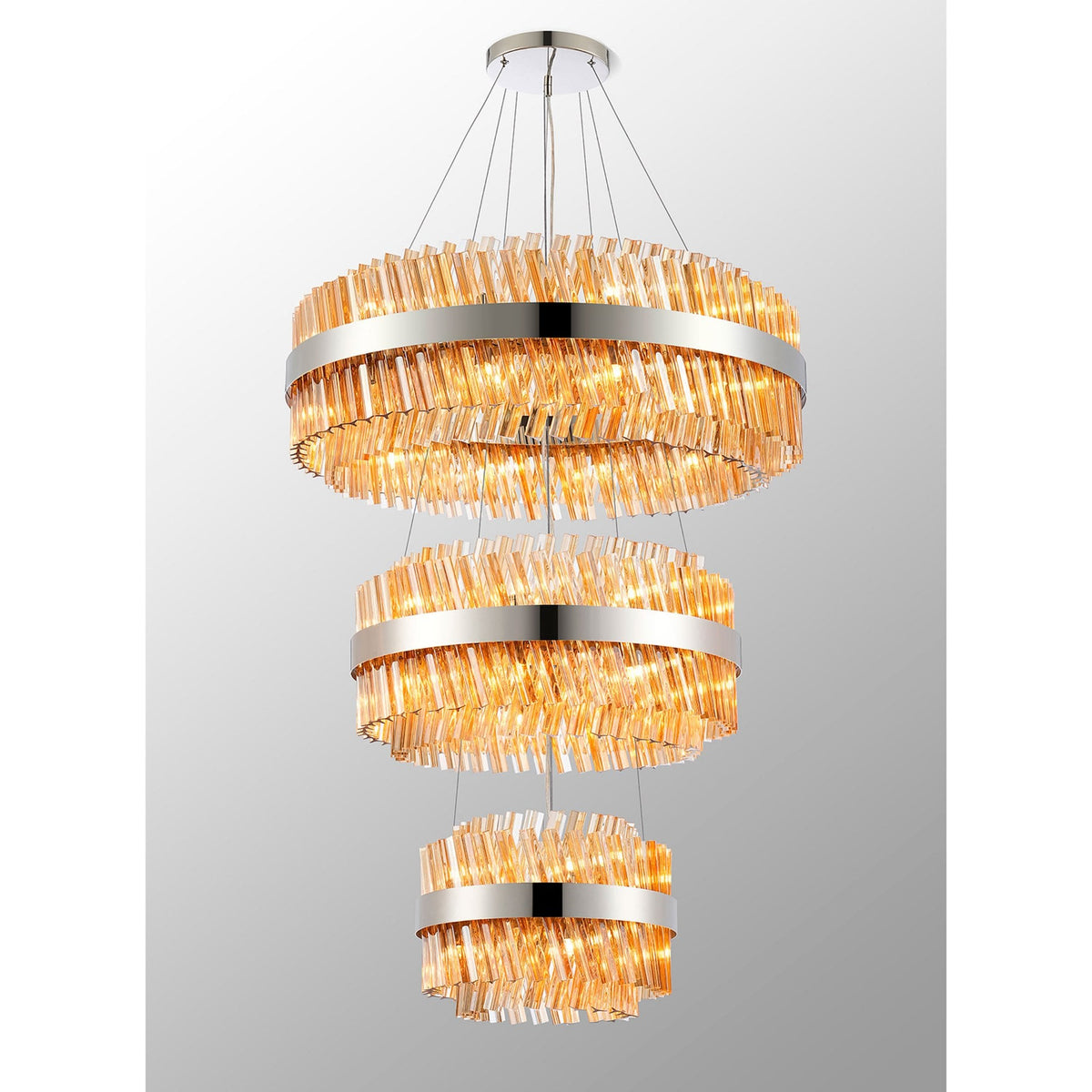 Kelly Three Tier Pendant 40cm, 60cm & 80cm Tiers in Polished Nickel & Amber Glass