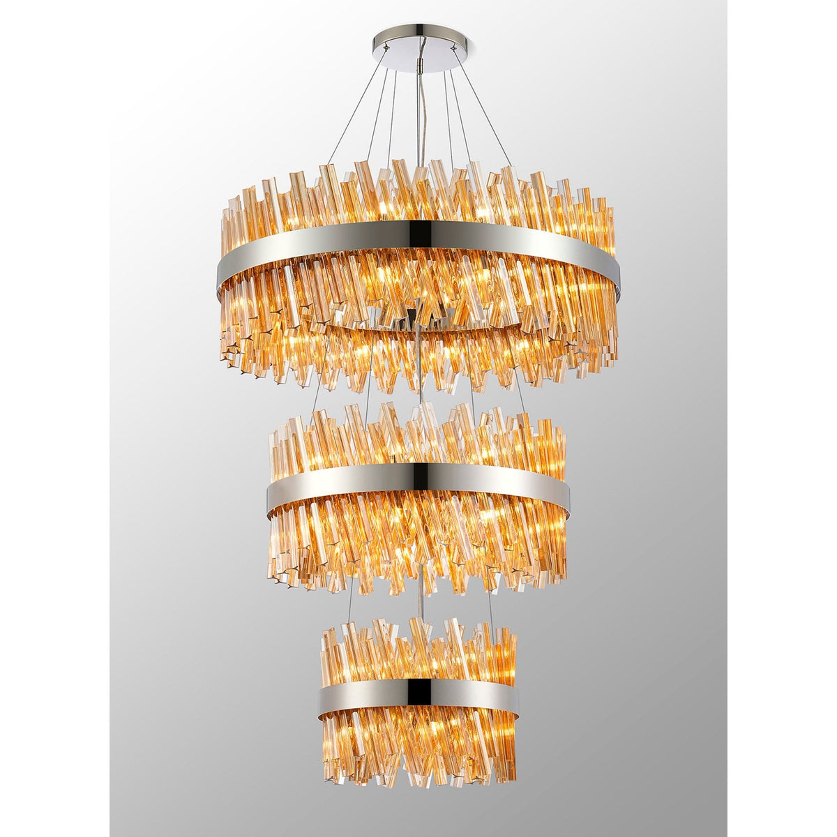 Kelly Three Tier Pendant 40cm, 60cm & 80cm Tiers in Polished Nickel & Amber Glass