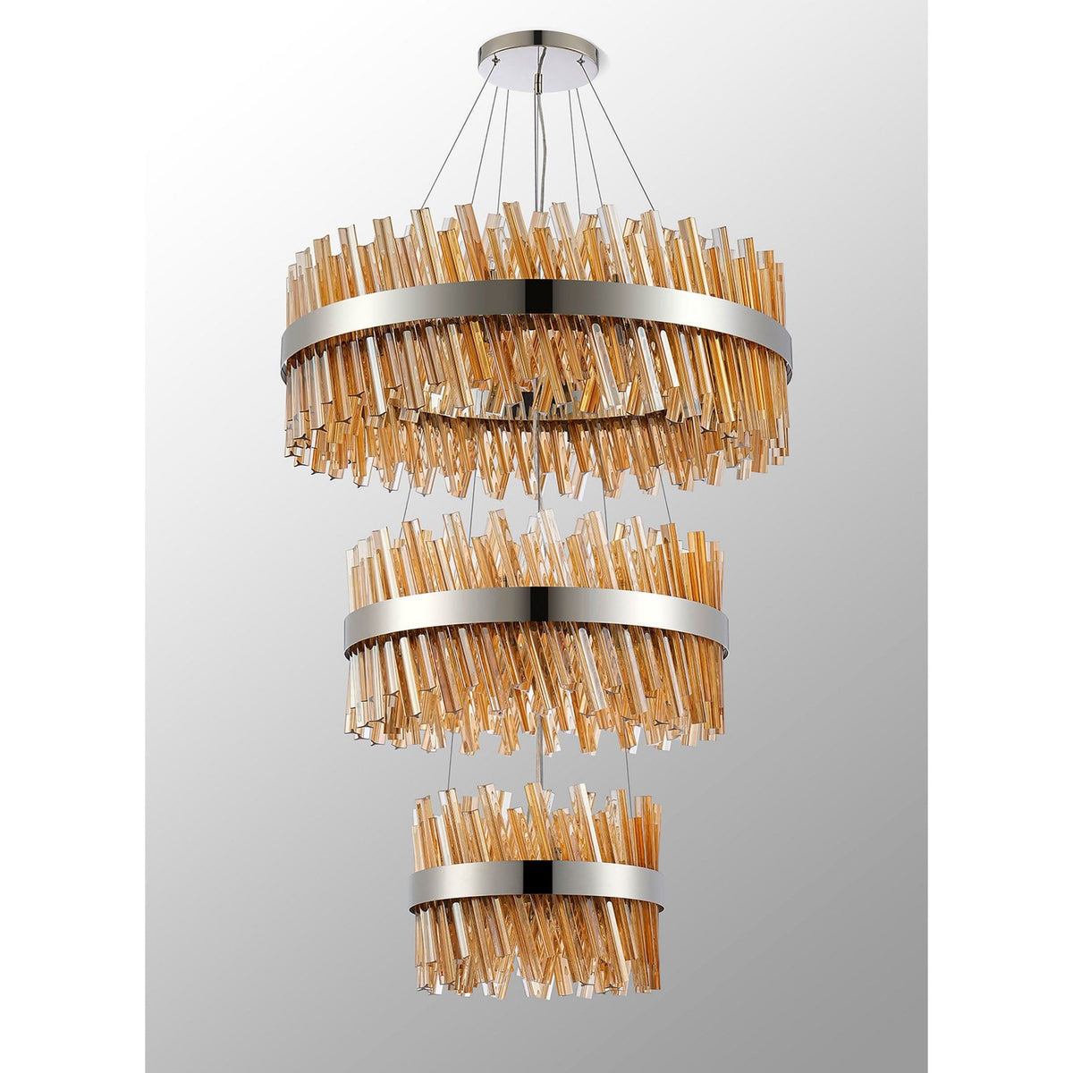Kelly Three Tier Pendant 40cm, 60cm & 80cm Tiers in Polished Nickel & Amber Glass