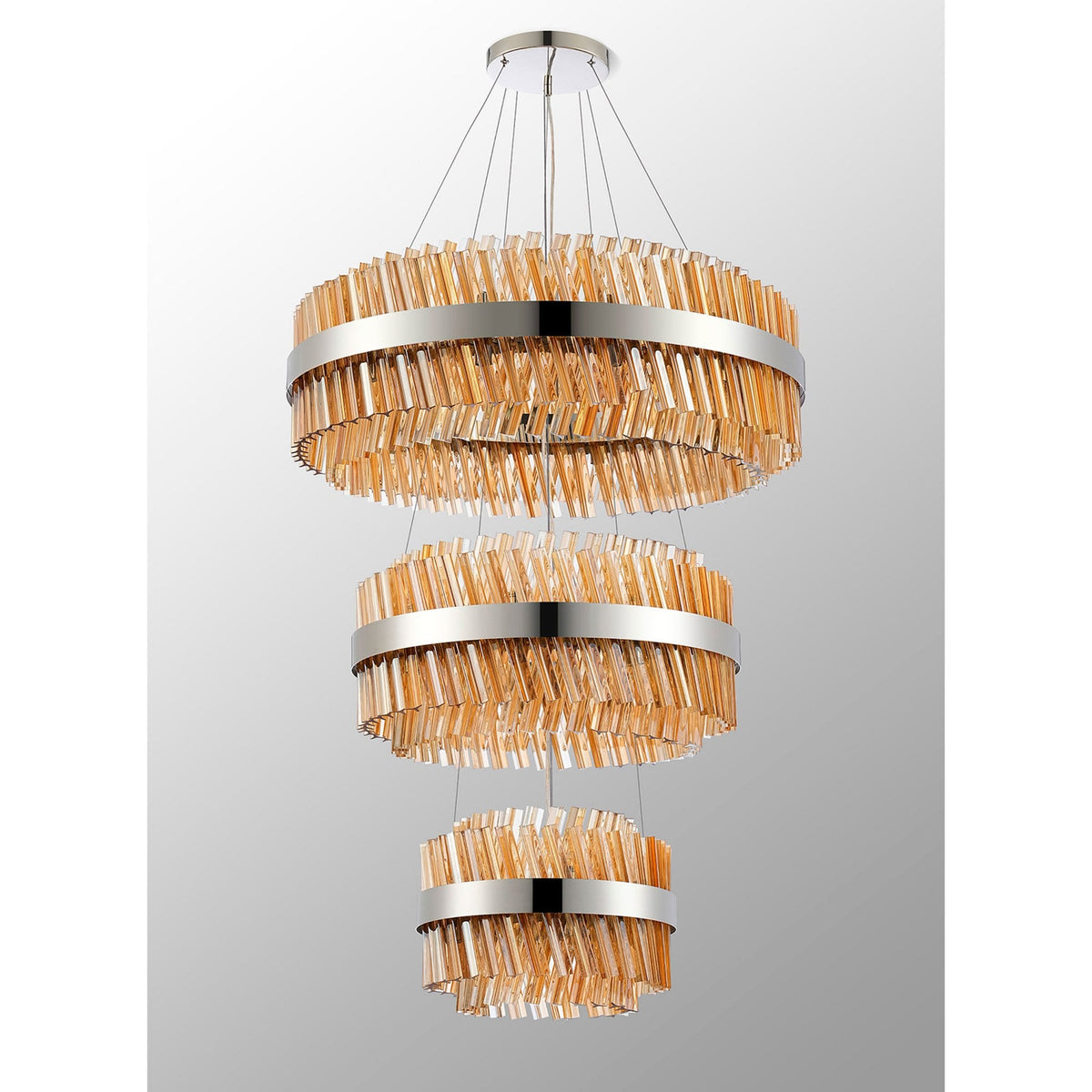 Kelly Three Tier Pendant 40cm, 60cm & 80cm Tiers in Polished Nickel & Amber Glass