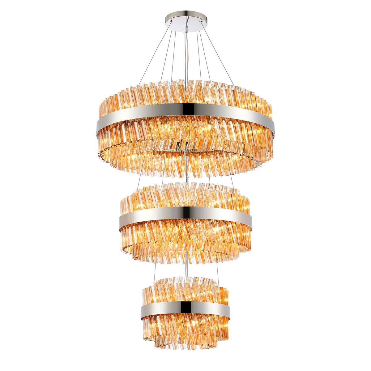 Kelly Three Tier Pendant 40cm, 60cm & 80cm Tiers in Polished Nickel & Amber Glass