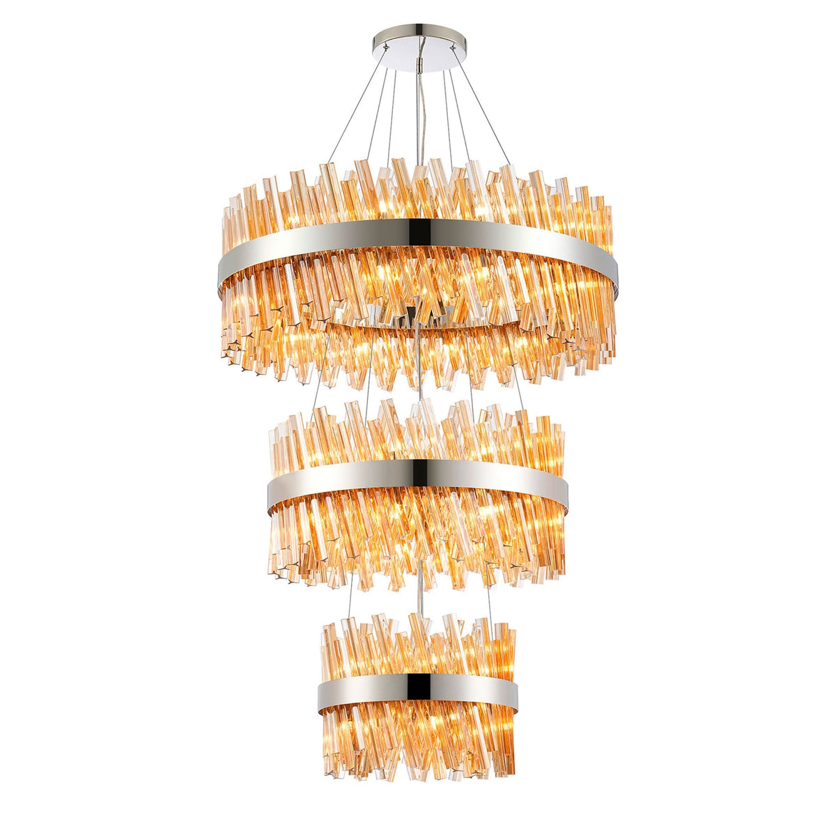 Kelly Three Tier Pendant 40cm, 60cm & 80cm Tiers in Polished Nickel & Amber Glass