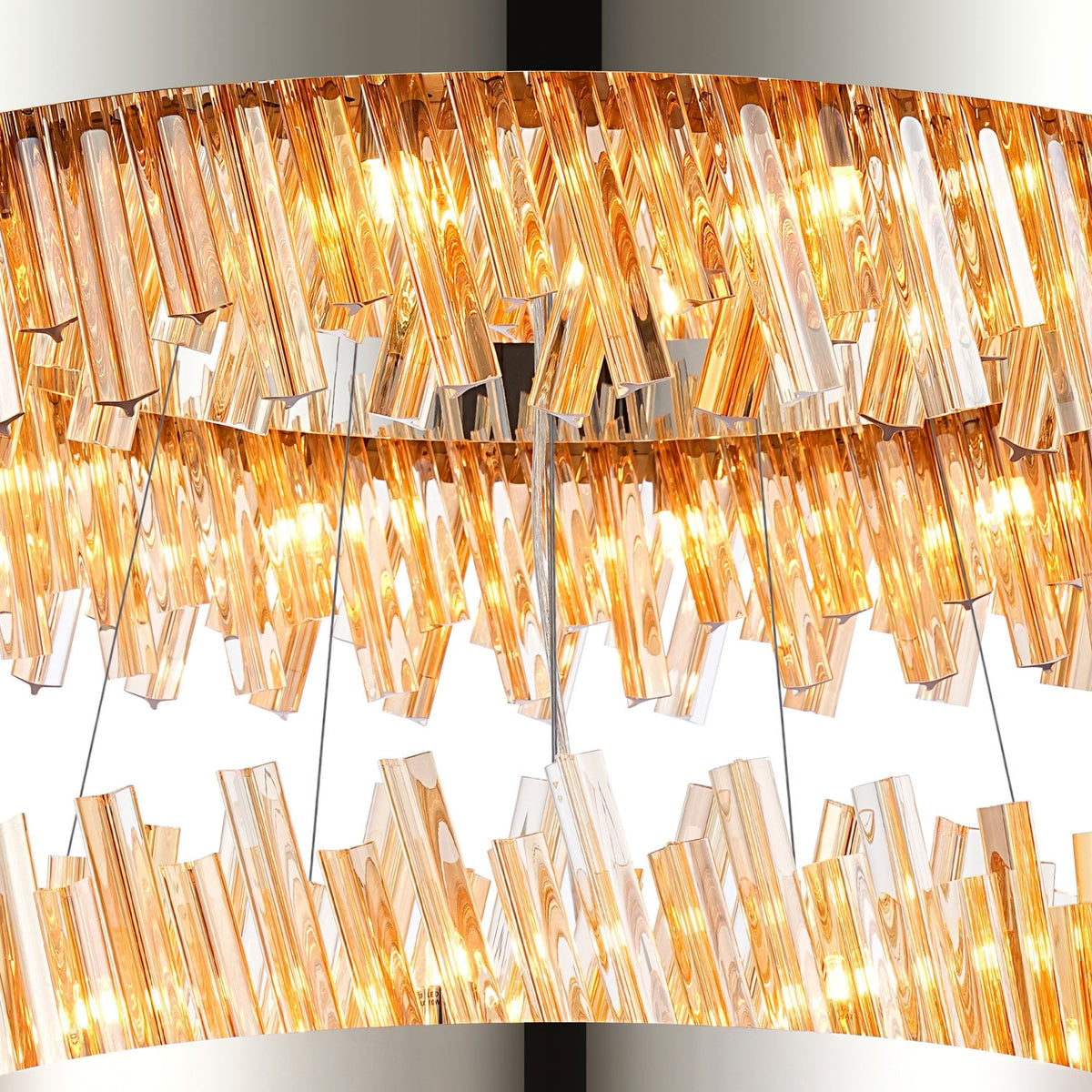Kelly Three Tier Pendant 40cm, 60cm & 80cm Tiers in Polished Nickel & Amber Glass