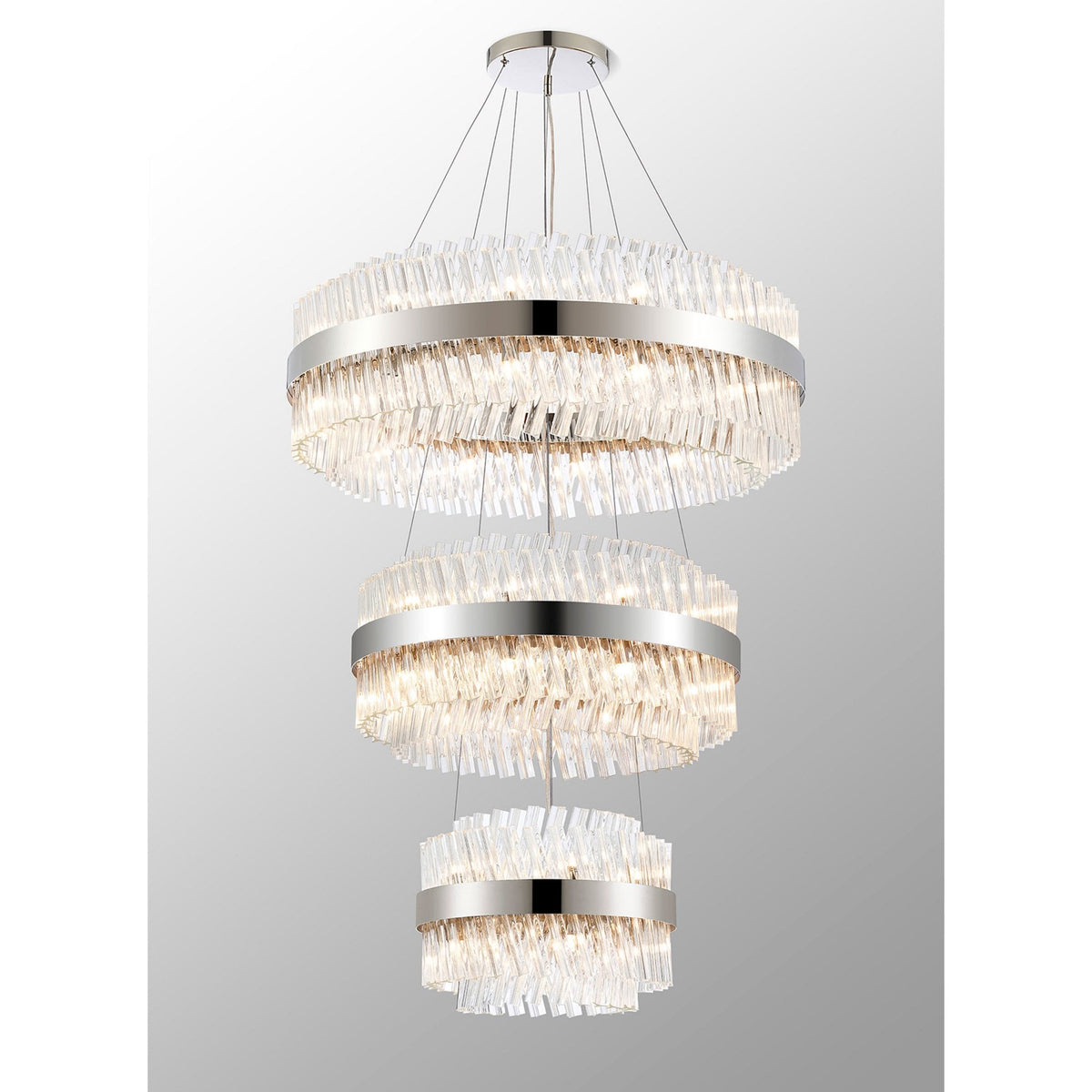 Kelly Three Tier Pendant 40cm, 60cm & 80cm Tiers in Polished Nickel & Clear Glass