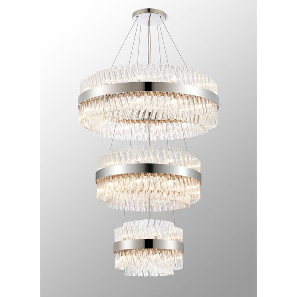Kelly Three Tier Pendant 40cm, 60cm & 80cm Tiers in Polished Nickel & Clear Glass