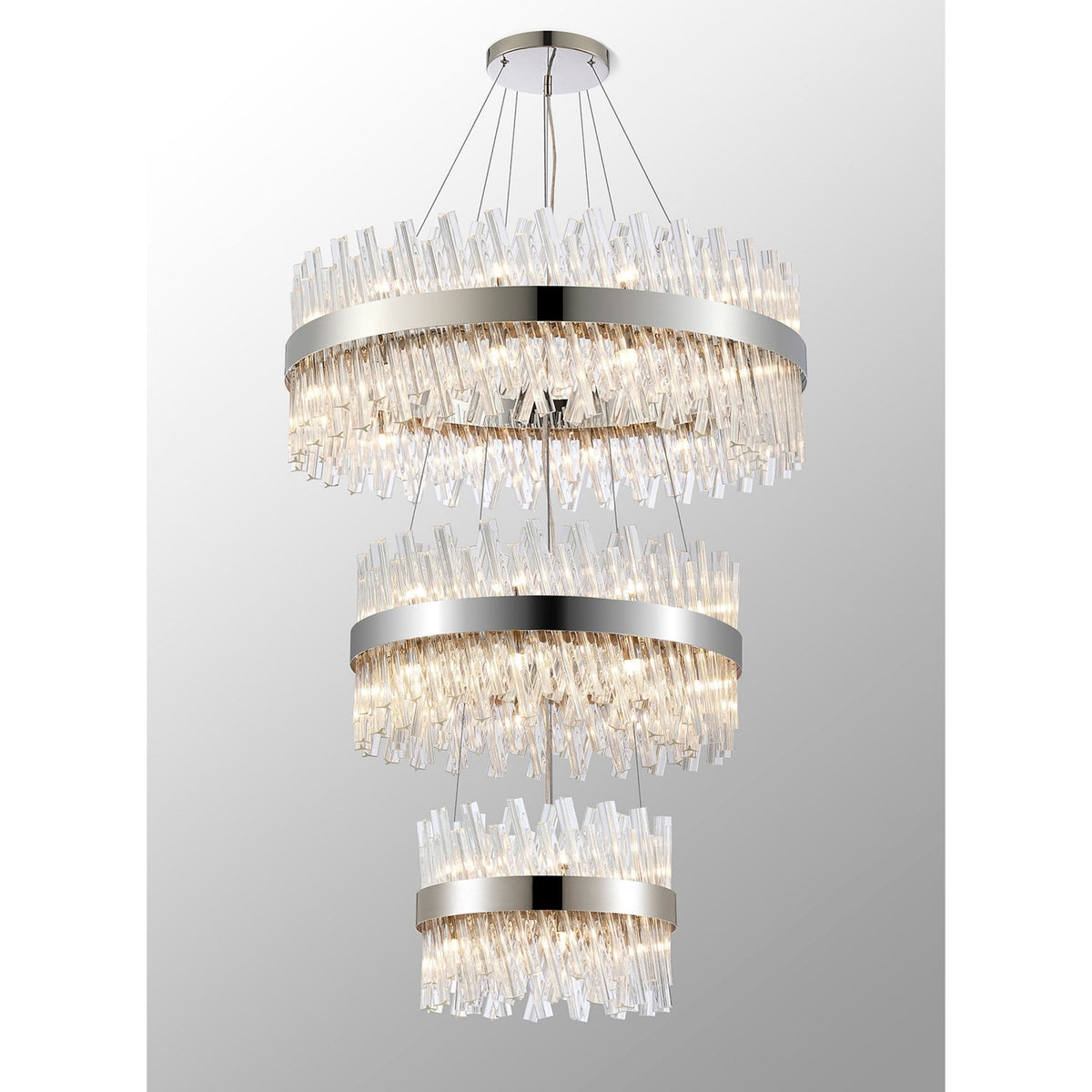 Kelly Three Tier Pendant 40cm, 60cm & 80cm Tiers in Polished Nickel & Clear Glass