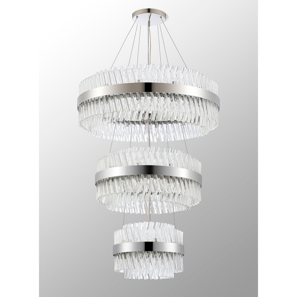 Kelly Three Tier Pendant 40cm, 60cm & 80cm Tiers in Polished Nickel & Clear Glass