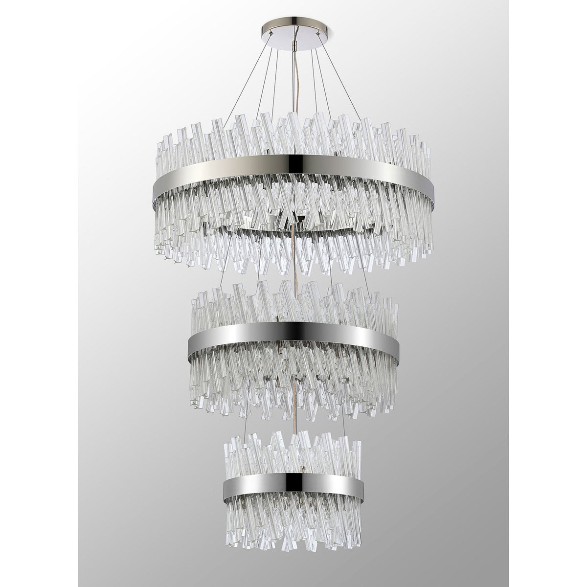 Kelly Three Tier Pendant 40cm, 60cm & 80cm Tiers in Polished Nickel & Clear Glass